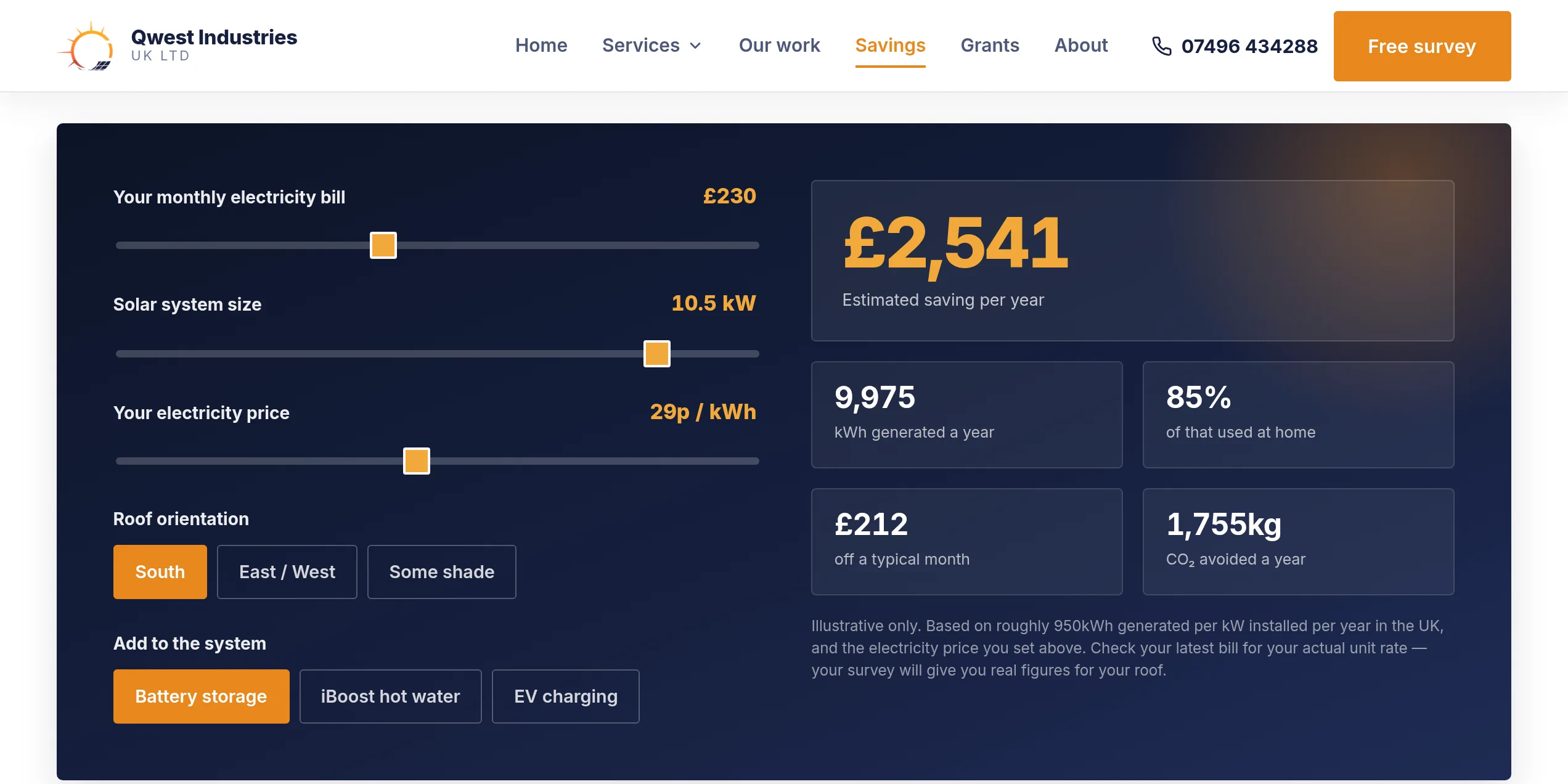 Qwest Industries UK savings calculator showing sliders and an estimated annual saving