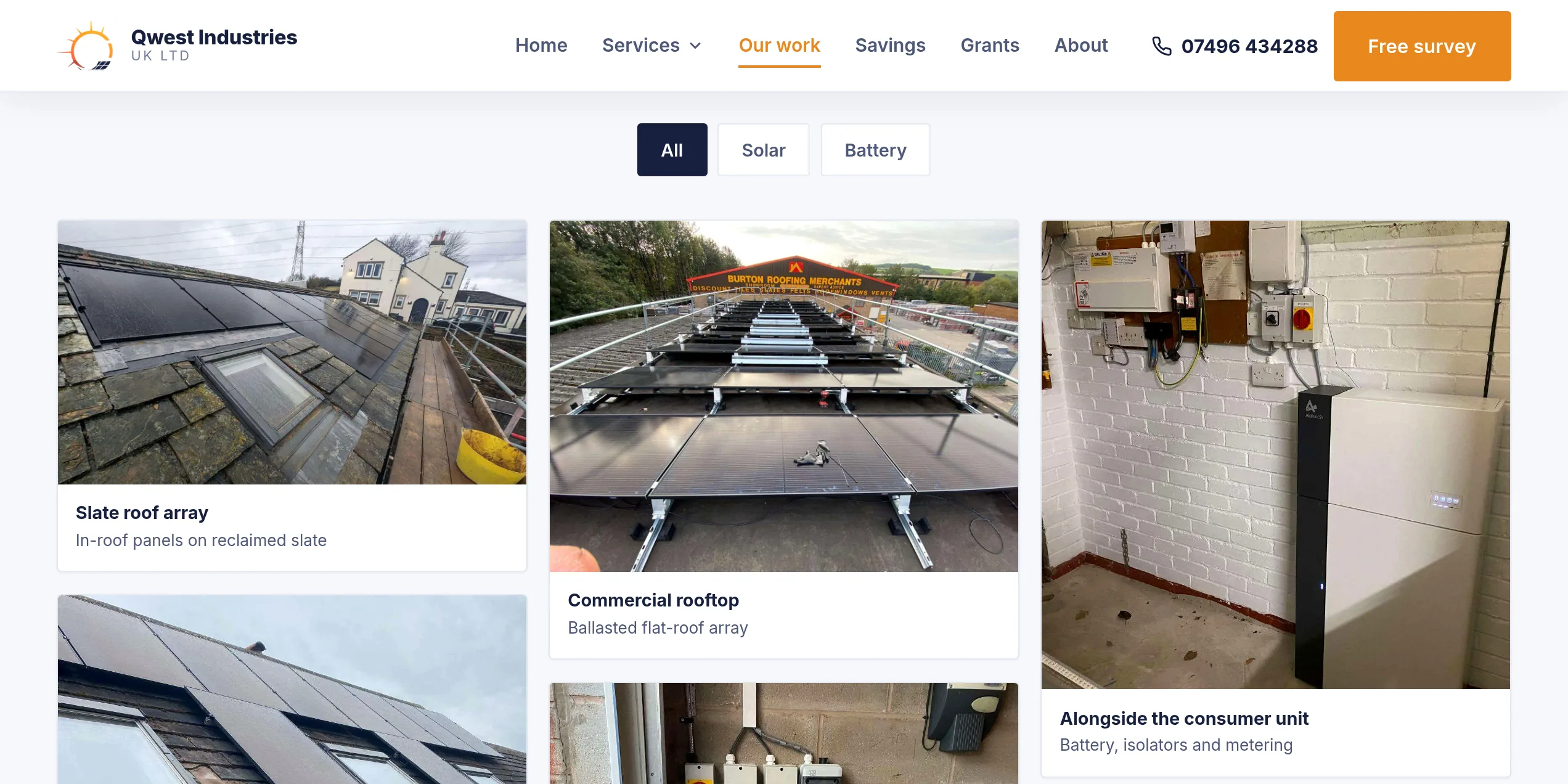 Qwest Industries UK recent installations gallery with solar and battery filters